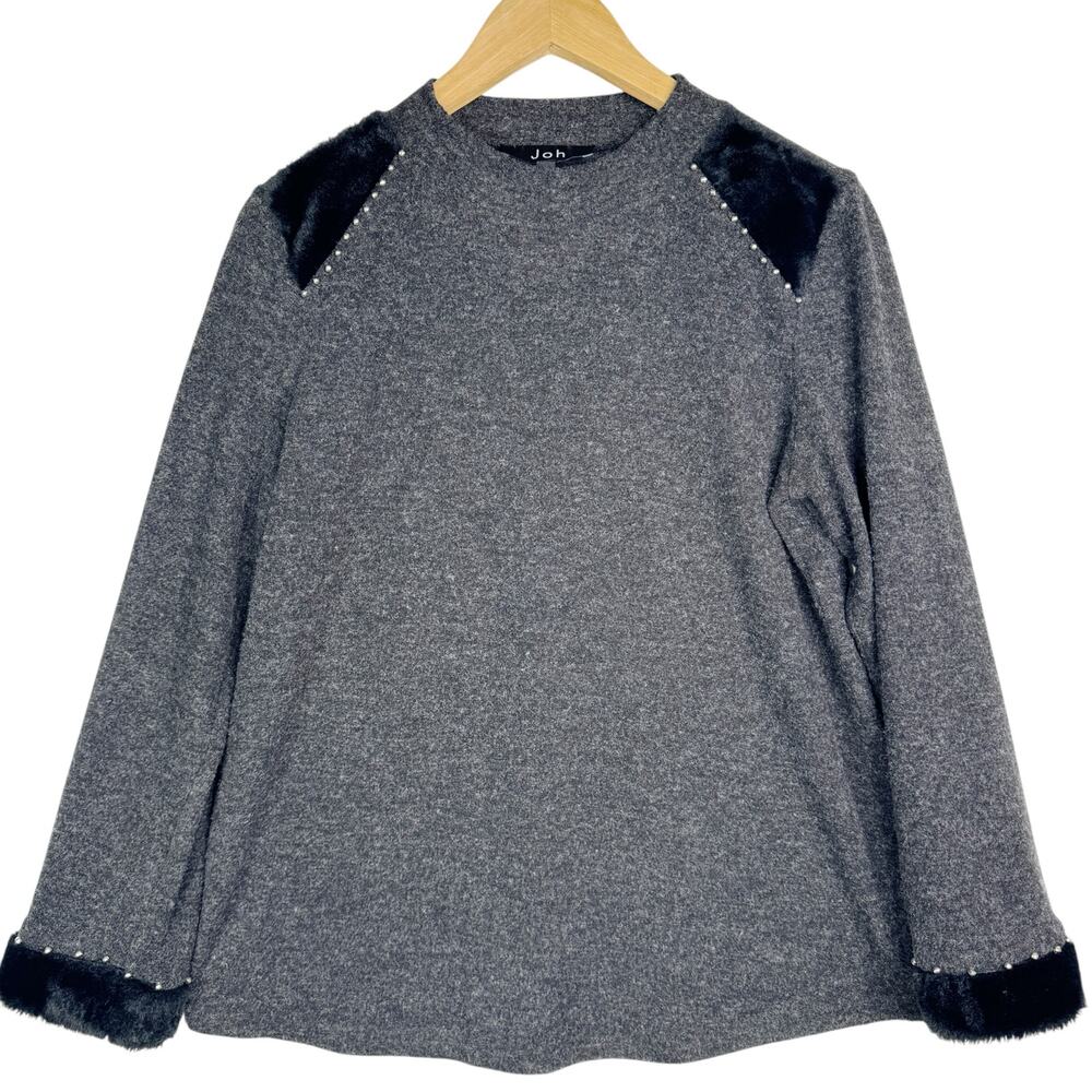 Joh Embellished Sweater Faux Fur Rhinestone Studs Gray Black Party Holiday M